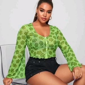 Lime Green Flower Power Bell Sleeve Sheer Crop Top